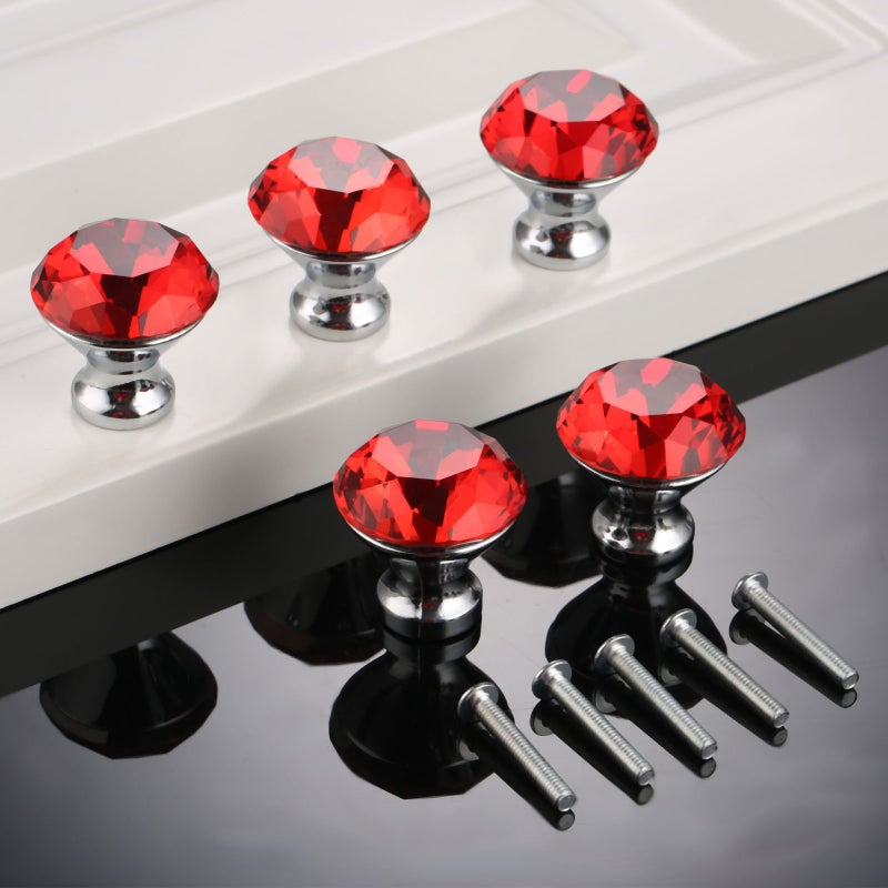 Yetaha Red Crystal Cabinet Knobs, 5PCS Glass Drawer Pulls Diamond Shape Handles for Dresser Closet Wardrobe Cupboard Bedroom Kitchen Furniture Decoration, with Screws - Image 3